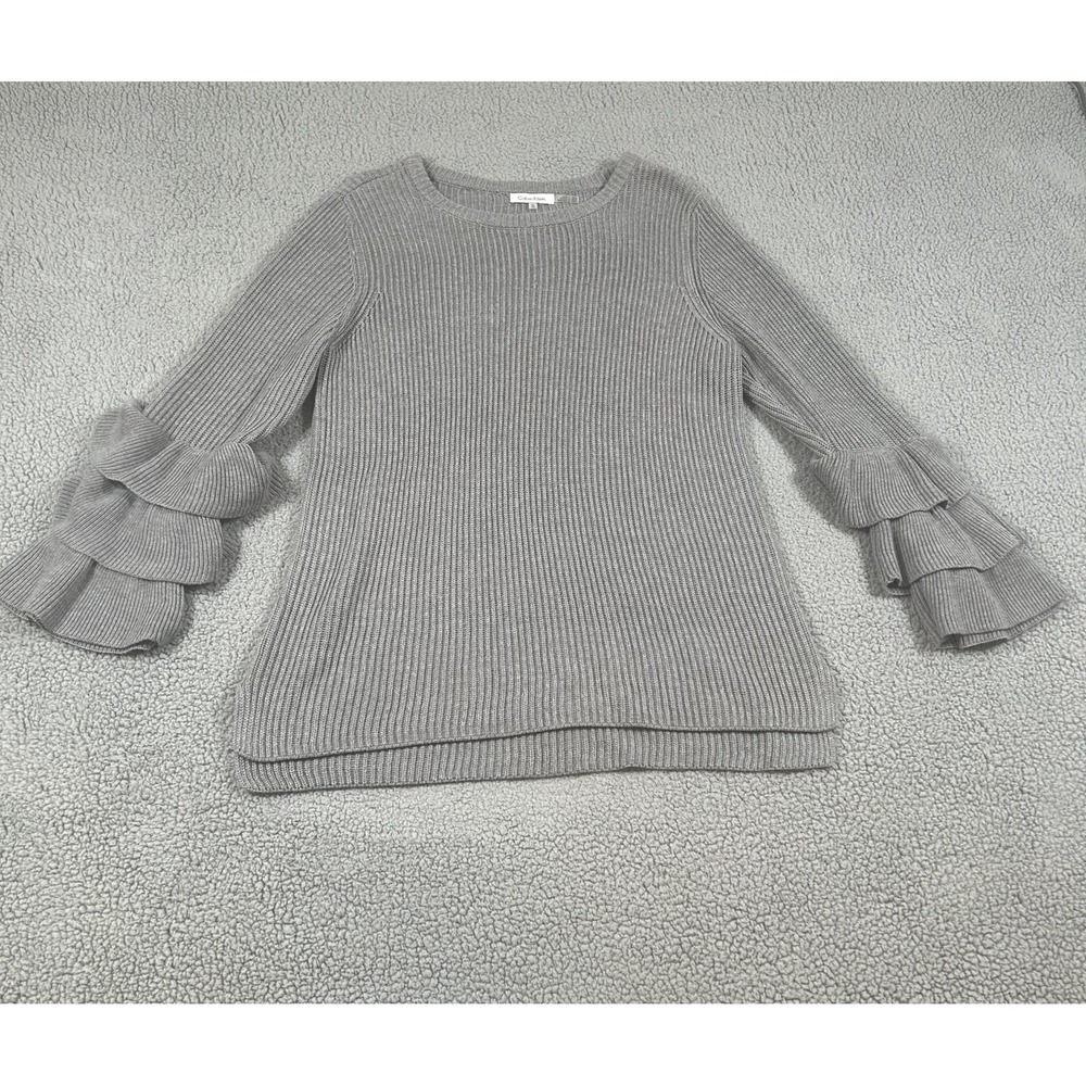 Calvin‎ Klein Sweater Tunic Womens XL Gray Tiered Ruffle Bell Sleeve Knit